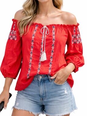 Abercrombie & Fitch Embroidered Top Blouse Sz Large Coral Orange